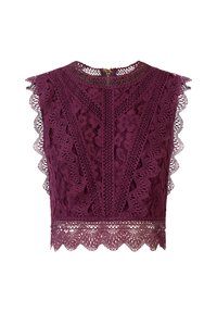 Lace crop top syvässä purppurassa, jossa on hampaita ja kukkakuviota. Sisältää korkean kaula-aukon ja vetoketjukiinnityksen selässä.