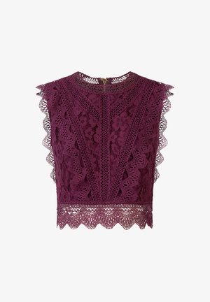 Spitzentop in tiefem Lila mit gewellten Kanten und Blumenmustern. Verfügt über einen hohen Ausschnitt und einen Reißverschluss hinten.