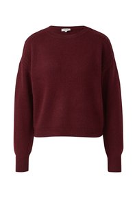 Bordowy sweter dziany z okrągłym dekoltem, opuszczonymi ramionami oraz prążkowanymi mankietami i dołem. Miękka faktura z luźnym krojem.