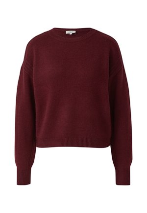 Bordowy sweter dziany z okrągłym dekoltem, opuszczonymi ramionami oraz prążkowanymi mankietami i dołem. Miękka faktura z luźnym krojem.