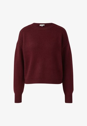 Burgundská pletená mikina s okrúhlym výstrihom, spustenými ramenami a rebrovanými manžetami a spodným okrajom. Mäkka textúra s voľným strihom.