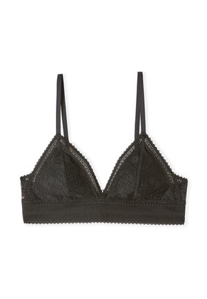 Bralette nero in pizzo con spalline sottili regolabili, coppe a triangolo e motivi floreali in pizzo su tutto il tessuto.