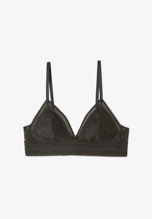 Bralette nero in pizzo con spalline sottili regolabili, coppe a triangolo e motivi floreali in pizzo su tutto il tessuto.