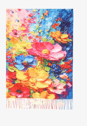 Kolorowy szal kwiatowy z żywymi różowymi, niebieskimi, żółtymi i czerwonymi kwiatami na niebieskim tle. Wykończony frędzlami na krawędziach.