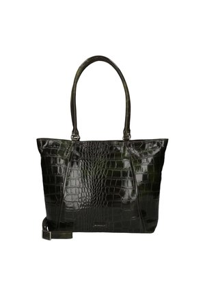 Sac à main noir brillant avec texture crocodile, deux bretelles d'épaule et une bandoulière ajustable, étiqueté Burkely.