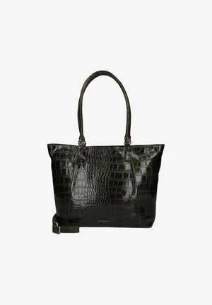 Sac à main noir brillant avec texture crocodile, deux bretelles d'épaule et une bandoulière ajustable, étiqueté Burkely.