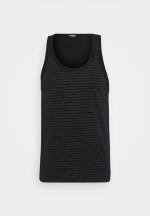 Czarny top bez rękawów z okrągłym dekoltem, o fakturowanym wzorze z logo "DSQUARED2" w różnych odcieniach czerni.