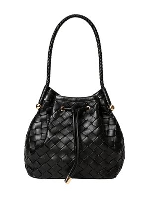 Borsa nera con motivo in pelle intrecciata, manico intrecciato e chiusura a coulisse con dettagli in metallo dorato.