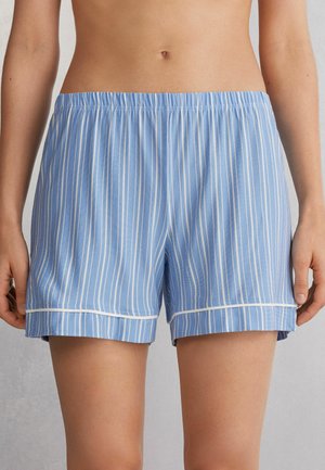 Lichtblauwe gestreepte pyjamashorts met een elastische tailleband, witte bies aan de zoom en een losse pasvorm voor comfort.