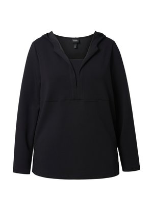 Sort hættetrøje lavet af blødt stof med dyb V-hals, lange ærmer og en afslappet pasform. Ingen synlige mønstre eller hardware-detaljer.