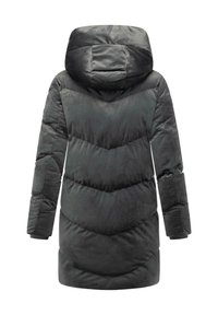 Garšs tumši pelēks ziemas mētis ar kapuci, garām piedurknēm un ķēvju šuvēm, redzams no aizmugures.