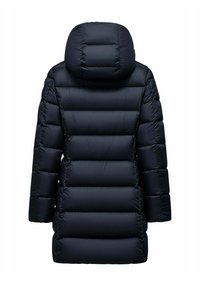 Cappotto imbottito blu navy con design a quadri, dotato di cappuccio, maniche lunghe e taglio a lunghezza media. Texture liscia e lucida senza hardware visibili.