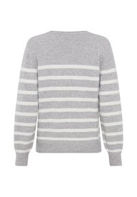 Grauer Pullover mit weißen horizontalen Streifen, mit Rundhalsausschnitt und langen Ärmeln, aus einem weichen Stoff mit strukturierter Optik gefertigt.