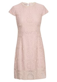 Robe en dentelle rose pâle avec des manches courtes, présentant un motif floral géométrique et une fermeture au dos en forme de clé. Silhouette en A.