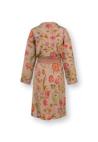 Beige gewaad met bloemenborduursels, lange mouwen en een gestreepte riem. Heeft kleurrijke bloemen en bladeren patronen overal.