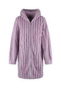 Chaqueta con capucha en color lavanda, con cremallera en la parte delantera, fabricada en un suave tejido texturizado que presenta patrones en relieve. Mangas largas y dobladillo acanalado.