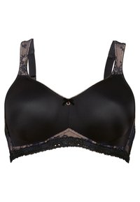 Schwarzer gepolsterter BH mit Spitzendetails. Glatte Cups, verstellbare Träger und ein zartes Schleifendetail in der Mitte. Spitzenbesatz an den Rändern.