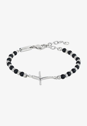 Silbernes Kreuzarmband mit abwechselnd mattschwarzen und glänzenden silbernen Perlen. Verfügt über einen Karabinerverschluss und eine verstellbare Kettenlänge.