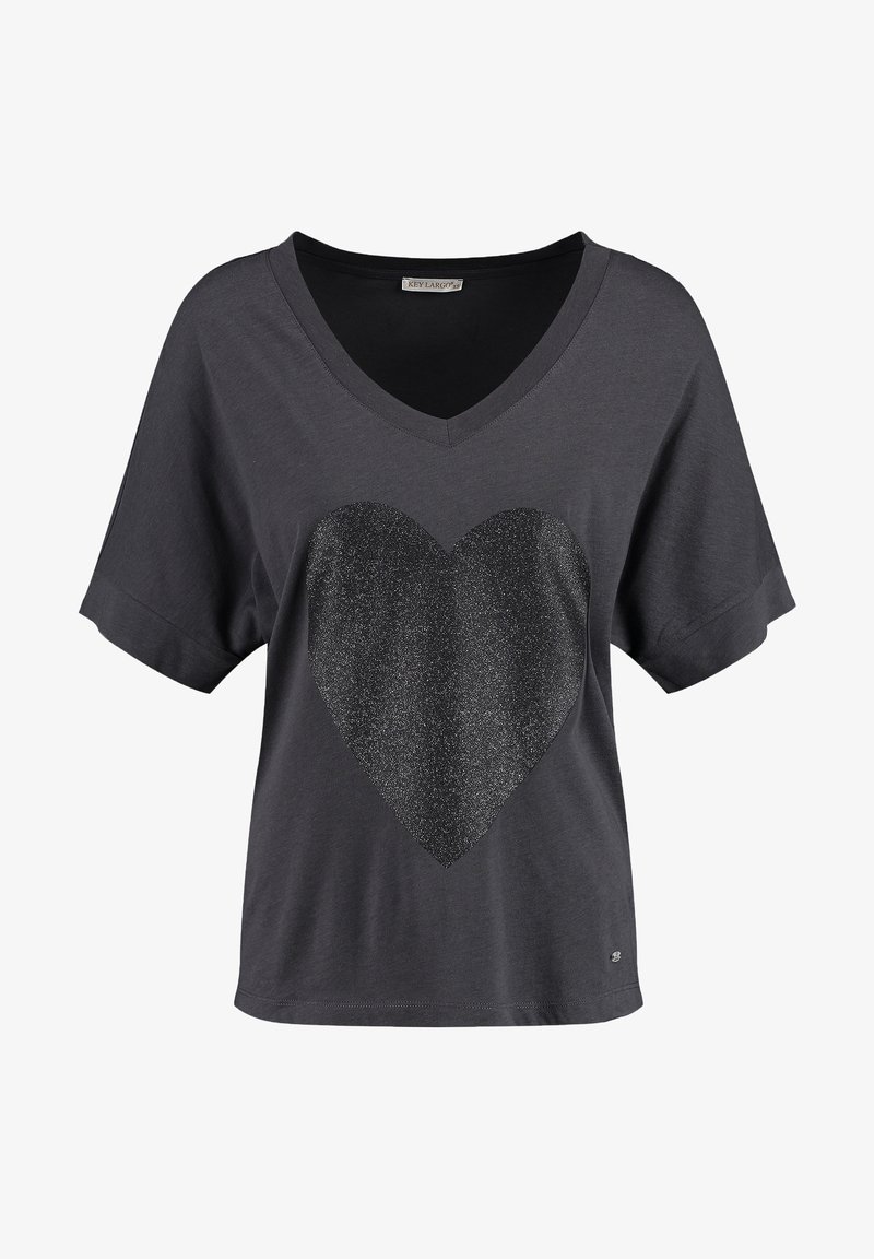 T-shirt gris foncé à col en V et manches courtes avec un grand cœur noir pailleté centré sur le devant.