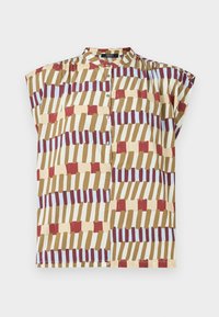 Short sleeve blouse featuring a stand collar, button closure, and a geometric pattern in red, brown, yellow, and light blue on a cream background.