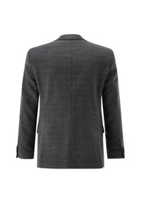 Grauer Blazer aus strukturiertem Stoff, einreihiges Design, mit Reverskragen und langen Ärmeln. Verfügt über aufknöpfbare Manschetten und zwei Seitentaschen.