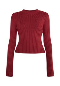Roter gerippter Strickpullover mit hohem Kragen, langen Ärmeln und taillierter Silhouette. Verfügt über ein strukturiertes Muster entlang des Körpers.