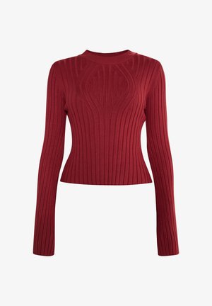 Rode geribbelde gebreide trui met een hoge hals, lange mouwen en een getailleerde silhouet. Kenmerkt zich door een gestructureerd patroon langs het lichaam.