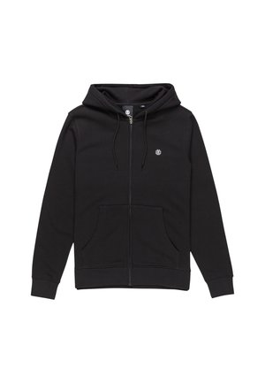 Zwarte zip-up hoodie gemaakt van zacht materiaal. Bevat een kangoeroezak, trekkoorden op de capuchon en een klein embleem op de borst.