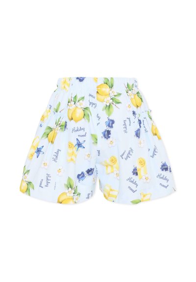 Shorts bleu clair avec motif citron, étoile de mer, lunettes de soleil, fleurs, et texte "Holiday mood", dotés d'une ceinture élastique.