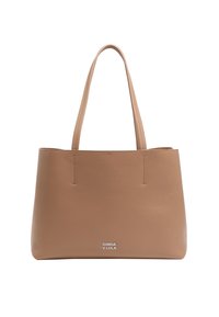Tan leather tote bag with two long handles, minimalist design, textured finish, and a small logo on the front.