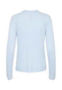 Helle blaue Strickjacke mit einem strukturierten Muster, langen Ärmeln und gewellten Kanten am Halsausschnitt und Saum.