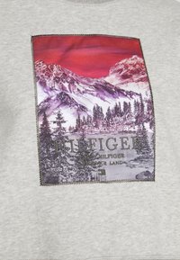 Šedá mikina se živou grafikou horské scenérie orámovanou šitím. Text zní "TOMMY HILFIGER PO NAŠÍ ZEMI."