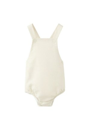 Grenouillère pour bébé de couleur crème avec bretelles, boutons-pression à l'avant et sur les côtés, et ouvertures élastiques pour les jambes.