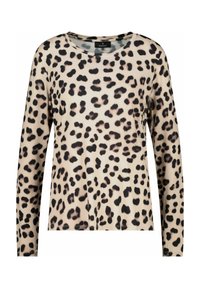 Beige leopardikuosi pitkähihaine paita mustilla läikillä; pyöreä kaula-aukko ja rento istuvuus. Suuri, pehmeä kangas.