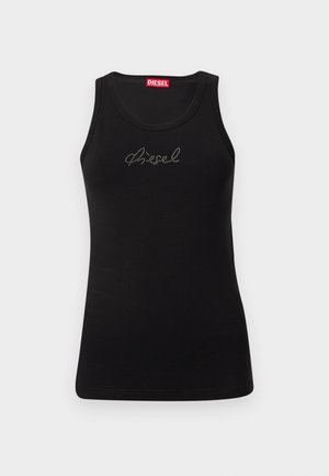 Svart ermeløs tanktopp med rhinstein "Diesel"-logo over brystet og rød merkeetikett på innsiden av halskanten.