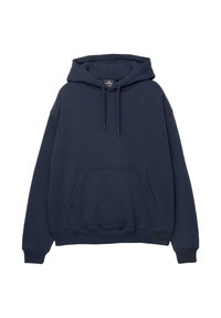Sweat à capuche bleu marine avec poche kangourou à l'avant, capuche avec cordon de serrage, poignets et ourlet côtelés, présenté sur fond blanc.