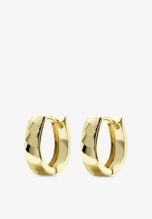 Goldene Creolen mit einem gebogenen, strukturierten Design. Sie verfügen über eine polierte Oberfläche mit kantigen Akzenten und einem sicheren Verschluss.