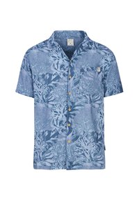 Korte mouwen button-up shirt in lichtblauw met een bloem- en loofprint, voorzien van houten knopen en een borstzak. Van katoen.