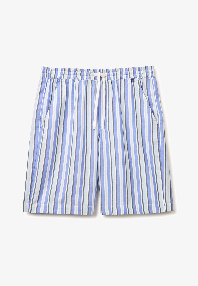 Shorts pour hommes avec taille élastique, rayures verticales bleues, blanches et grises, cordon de serrage blanc, avec poches latérales.