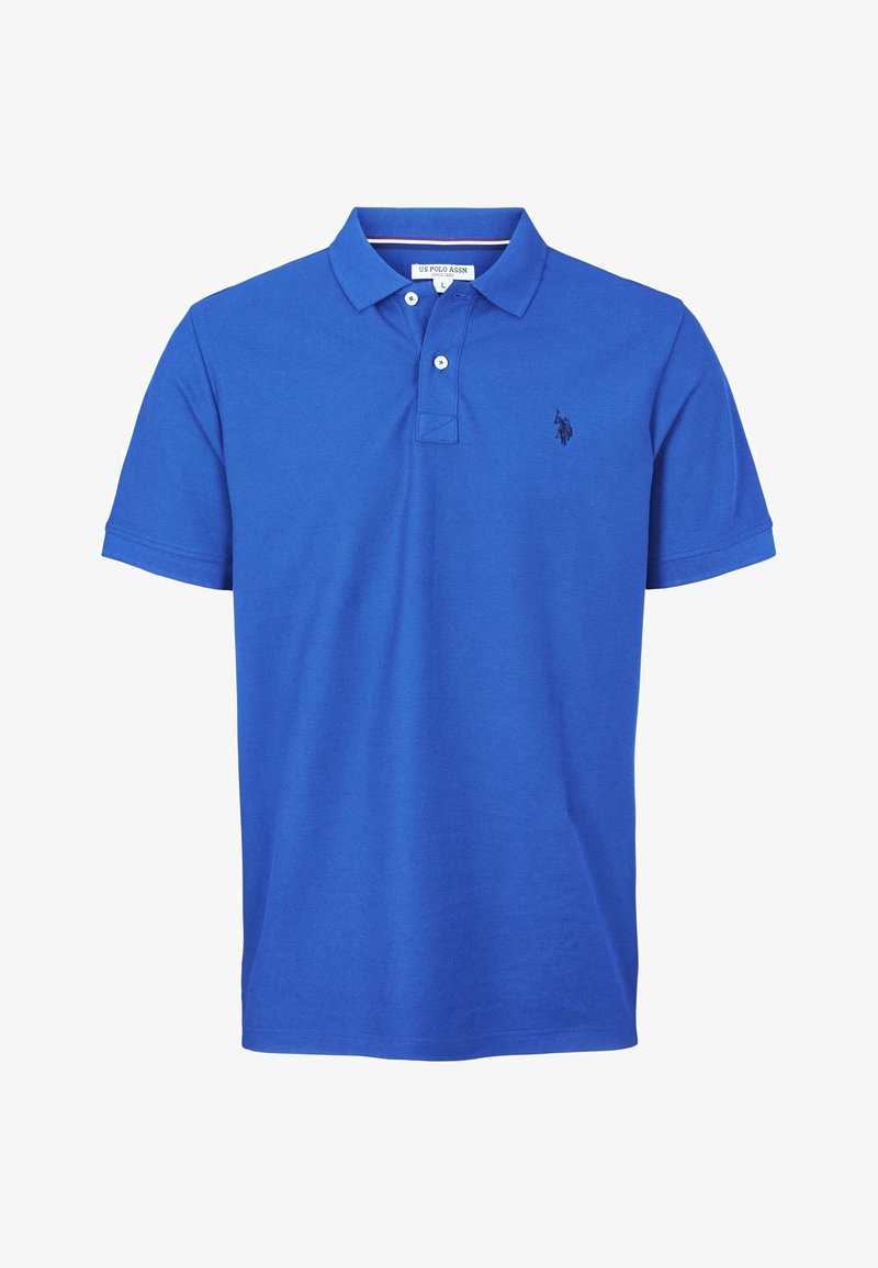 Polo bleu en coton, avec un col classique, des manches courtes, une patte de boutonnage à deux boutons et un petit logo noir sur la poitrine.