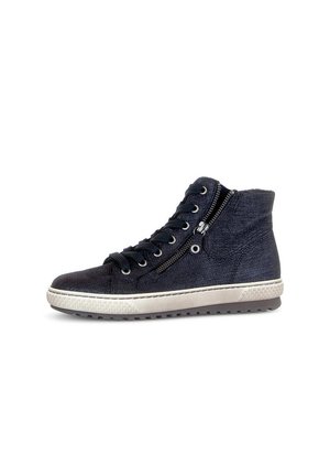 High-top sneakers in dark blue fabric with a textured surface, featuring a side zipper, black laces, and a white rubber sole.