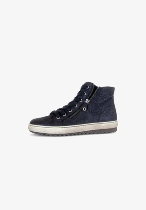 High-top sneakers in dark blue fabric with a textured surface, featuring a side zipper, black laces, and a white rubber sole.
