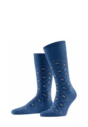 Blue cotton socks with a diamond pattern, featuring small car illustrations, ribbed cuffs, and a smooth texture.