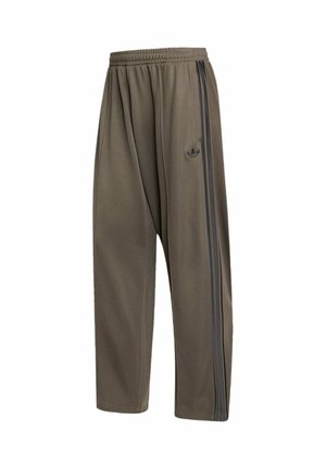 Loose-fit olive green track pants with elastic waistband, featuring three black side stripes and a small Adidas logo on the left thigh.