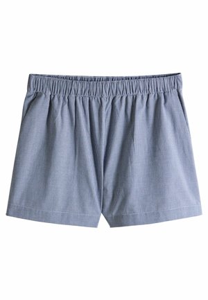 Blue and white checkered cotton boxers with an elastic waistband and a relaxed fit, featuring a soft, breathable fabric texture.