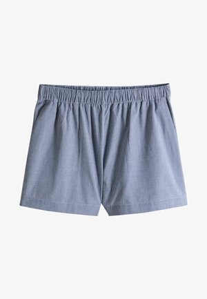 Blaue und weiße karierte Baumwollboxershorts mit einem elastischen Bund und einer lockeren Passform, aus weichem, atmungsaktivem Stoff.