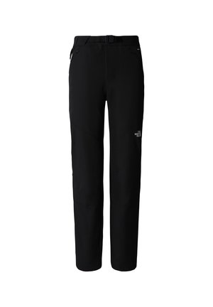 Czarne spodnie outdoorowe z rozciągliwego materiału, z elastycznym pasem, szlufkami na pasek, kieszeniami zapinanymi na zamek oraz skośnymi szwami dla lepszej mobilności.