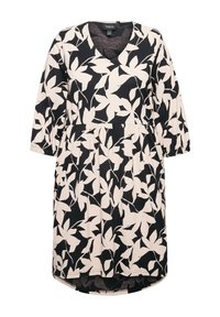 Schwarzes Kleid mit weißem Blumenmuster, V-Ausschnitt, 3/4-Ärmel, geraffte Taille und leicht verlängertem Rückensaum. Aus weichem Stoff gefertigt.
