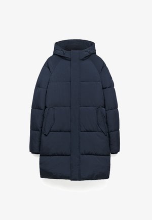 Marine blauwe pufferjas met capuchon, met een gequilt ontwerp, schuine zijzakken en een rechte silhoët. Soepele textuur en lichtgewicht materiaal.