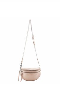Borsa a tracolla in pelle rosa con forma curva, due scomparti con zip, hardware argentato e tracolla staccabile con dettagli testurizzati.